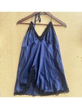 Blue Full Slip Lace Trim Adjustable Straps Size M Polyester Solid Women's